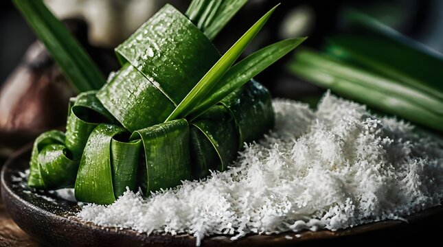 Traditional pandan leaf wrap with grated coconut on a wooden plate