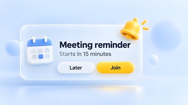 Digital meeting reminder notification with calendar icon and bell showing Starts in 15 minutes with Later and Join buttons