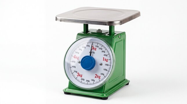 Mechanical kitchen scale with green metal base and silver tray displayed isolated on white background