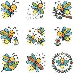 Obraz premium Cute Firefly Icon Set Featuring Glowing Insects And Magical Nighttime Elements With Patchwork Details