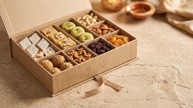 Assorted indian sweets and dry fruits gift box for diwali celebration on rustic surface, with copy space