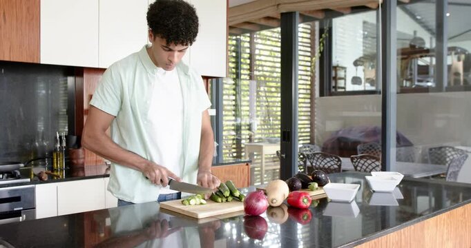 Lifestyle videos indoor of people doing activities at home, chopping vegetables on cutting board, ma