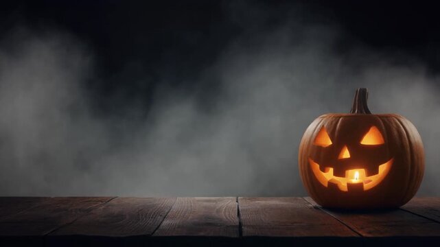 Glowing Jack-o'-lantern on a rustic wooden table with spooky fog in the dark background, Cinematic Halloween background featuring a glowing orange pumpkin and misty fog.
