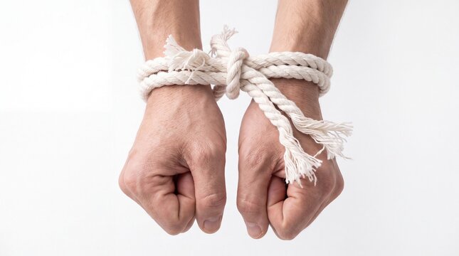 Human hands tightly bound together with thick rough white rope isolated on white background