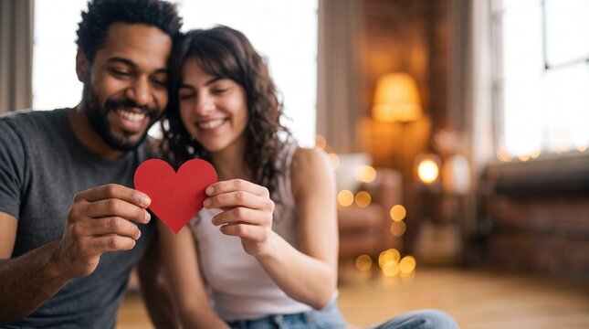 Happy young multicultural couple holding red heart symbol in foreground, perfect for real estate mortgage ads, Valentine promo banners, dating app branding, and retail sales.
