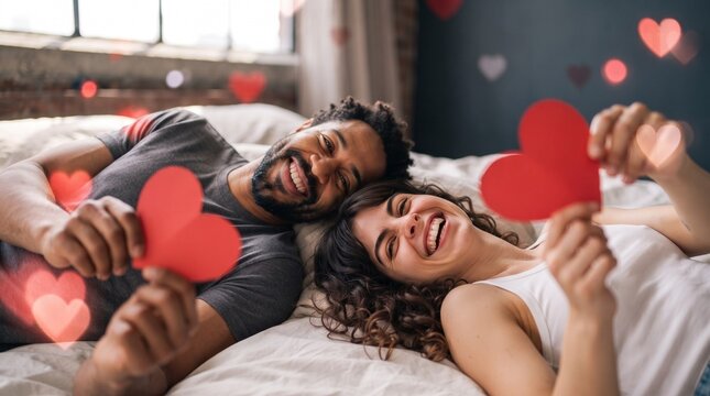 Playful interracial couple lying in bed holding big red paper hearts and laughing with heart bokeh background, ideal commercial banner for Valentine's Day romantic getaway promotions.