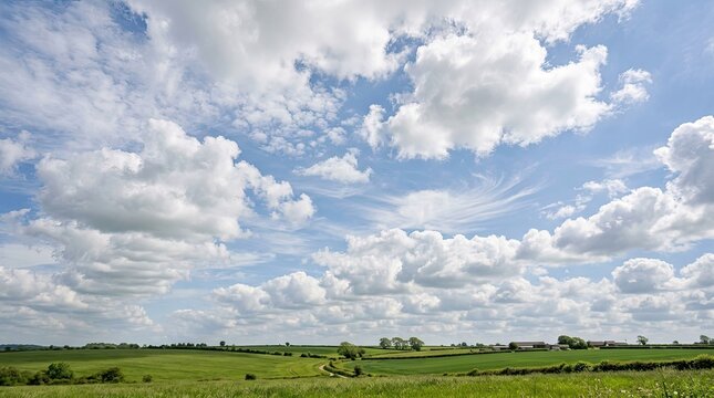 serene countryside landscape with rolling green hills and fluffy white clouds