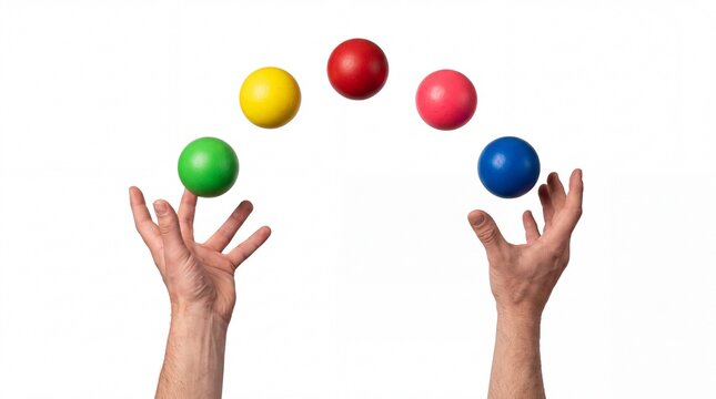 Two hands juggling five vibrant multicolored spheres in an arc pattern captured isolated on white background