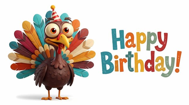 Happy Birthday Turkey. Funny Cartoon Bird Character. Colorful Birthday Greeting Design. Cute Festive Illustration