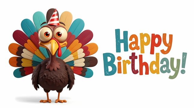 Happy Birthday Turkey. Funny Cartoon Bird Character. Colorful Birthday Greeting Design. Festive Cute Illustration