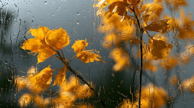 Raindrops on window glass with blurred yellow autumn leaves in the background
