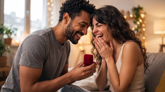 Joyful proposal moment as man gives engagement ring box to excited laughing girlfriend on Valentine, high converting commercial stock photo for luxury jewelry brand and marriage agency.