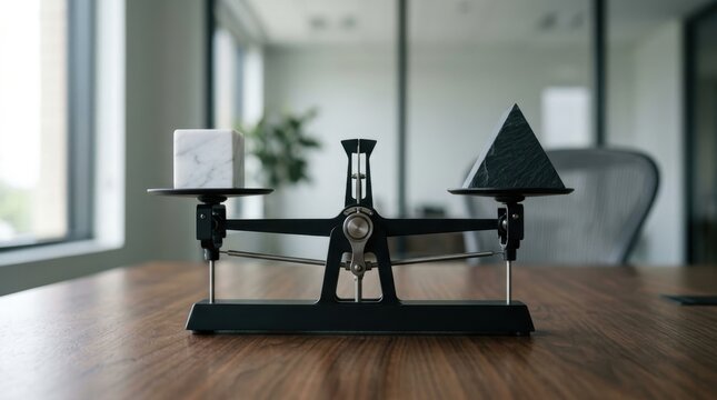Balance scale weighing a stone cube and pyramid in an office setting