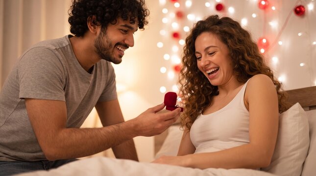 Young man proposing with engagement ring box to excited woman in bed, ideal for jewelry store promo, wedding planning agency, proposal campaign and Valentines Day romantic offer.