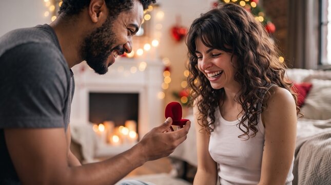 Interracial couple in love with man proposing with engagement ring box to excited woman for Saint Valentines Day jewelry store advertisement, romantic holiday offer commercial campaign