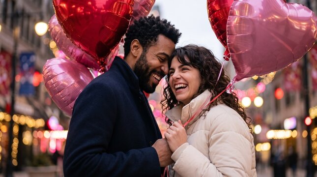 Joyful interracial couple walking city street holding red and pink heart balloons for Valentines Day tourism marketing campaign, romantic holiday event banner and urban date night promotion
