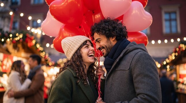 Cheerful couple with heart shaped balloons celebrating Valentine Day at outdoor winter market romantic city date travel agency banner and holiday event promotional campaign design template.