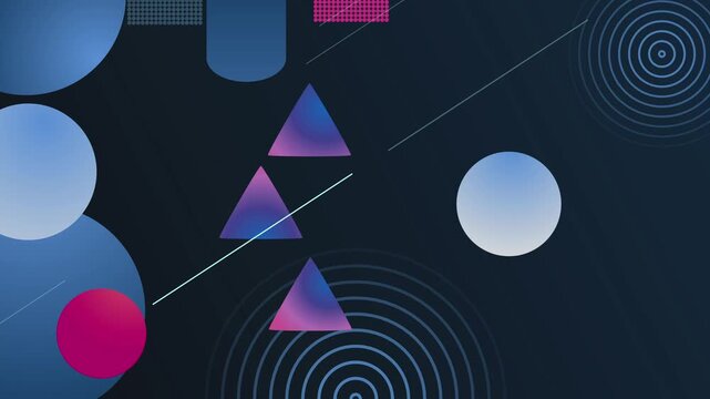 Abstract geometric background with glowing triangles circles lines and spiral rings gradient backdrop animation