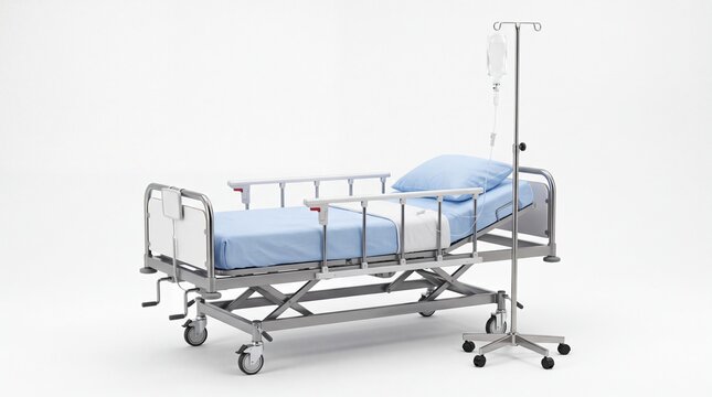 Adjustable medical hospital bed with light blue sheets and an intravenous drip stand on white background