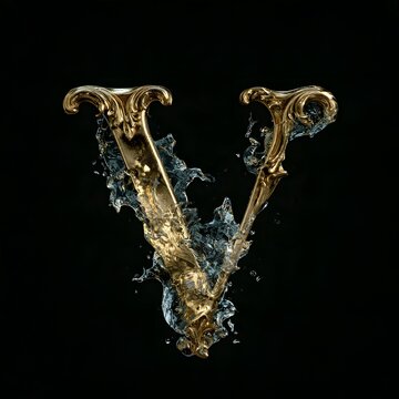 Ornate golden letter v splashing with clear water on a black background