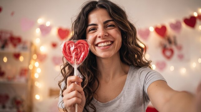 Young woman taking selfie with heart lollipop for social media and dating app Valentine's Day marketing
