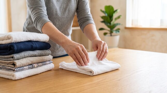 Person folding clean laundry neatly on a wooden table at home for domestic household chores and organization