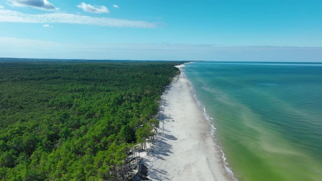 High angle aerial shot of a pristine white sand beach meeting a lush green pine forest and turquoise Baltic Sea in Poland. Ideal for travel and sustainability themes.