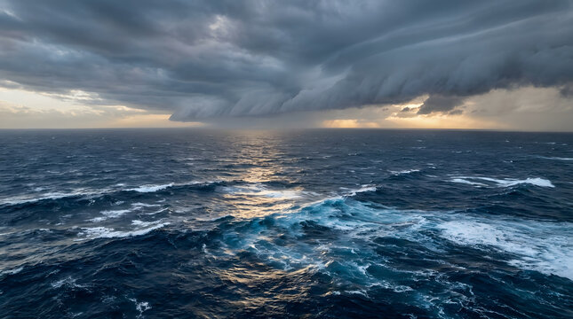 Dramatic storm clouds rolling over the ocean at sunset with golden light breaking through