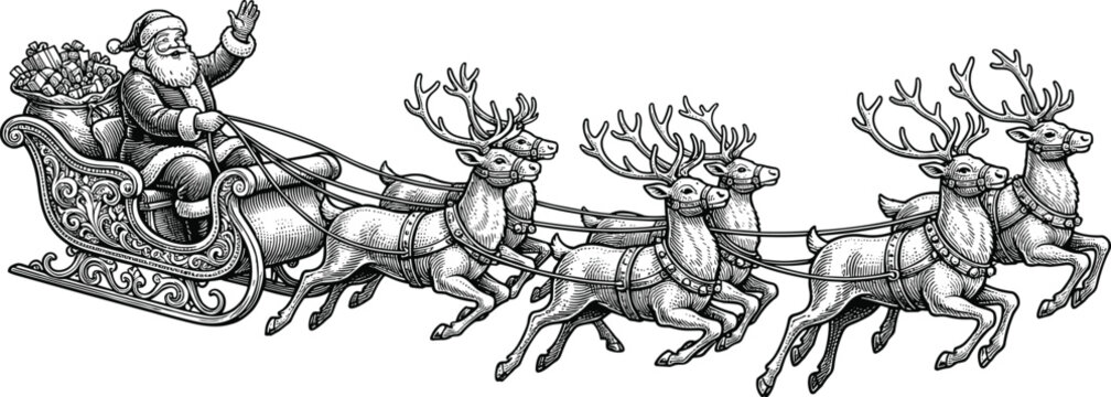 Santa Claus in Sleigh with Reindeer vintage engraving vector illustration for Christmas holiday card designs