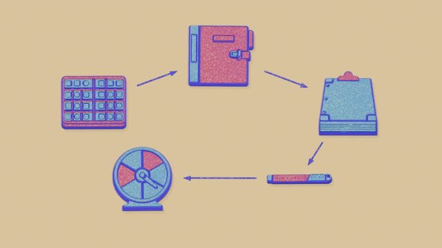 Assessment intake organizes forms, timeline markers, and review materials before the case folder is closed. Flat 3D style with a grainy pigment texture.