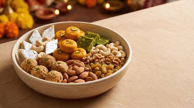 A festive bowl filled with traditional indian sweets, laddoos, barfi, and dried fruits for celebration, with copy space