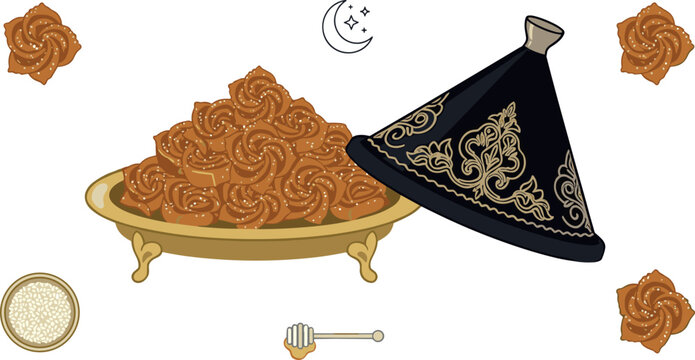 Traditional Moroccan chebakia ramadan sweet cookie vector illustration collection featuring golden pastry on tajin platter honey dipper sesame seeds and crescent moon
