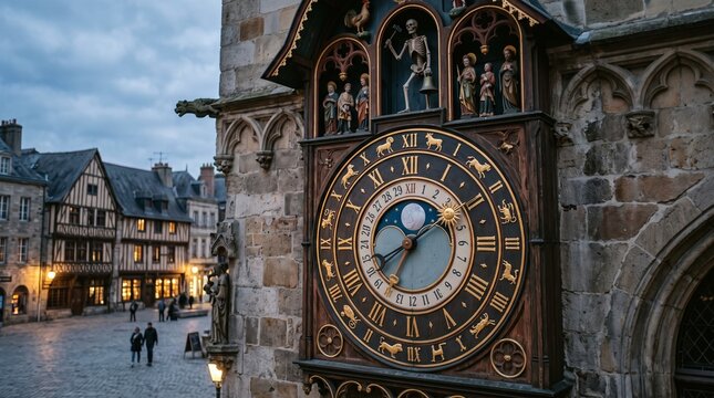 Antique astronomical clock on medieval stone tower, ornate gothic clock face with zodiac symbols, historic european town square at twilight