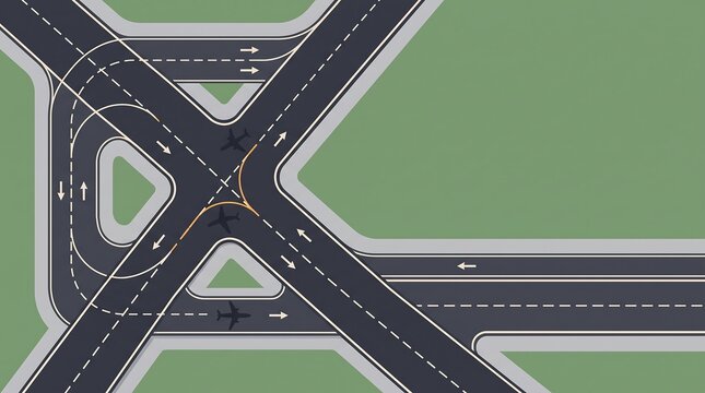 Top down view of an airport runway intersection with taxiway markings