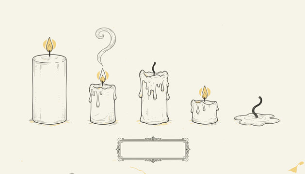 Sequential stages of a white burning candle from brand new to a completely melted pool of wax on a cream background.
