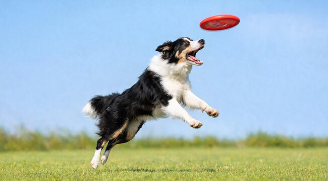 Border collie dog jumping high to catch red frisbee in air