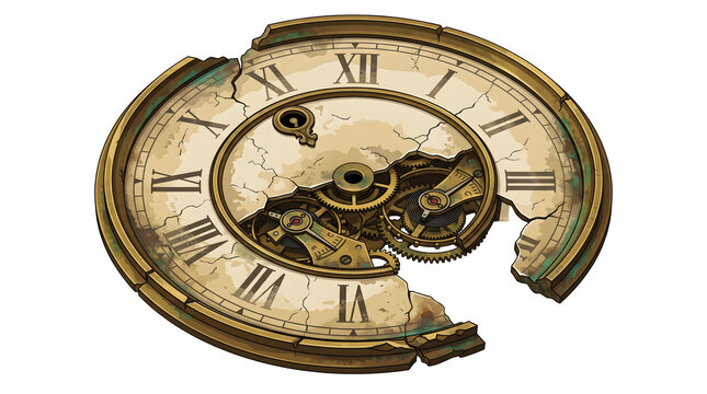 Broken mechanical clock face with visible rusted internal gears and roman numerals isolated for steampunk aesthetic or time passing concept design works.