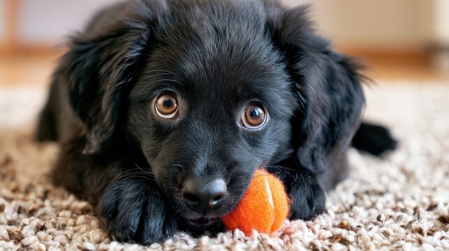 Playful puppy dog chewing on a colorful toy at home, happy young pet enjoying indoor playtime, cute canine behavior and joyful companion animal concept