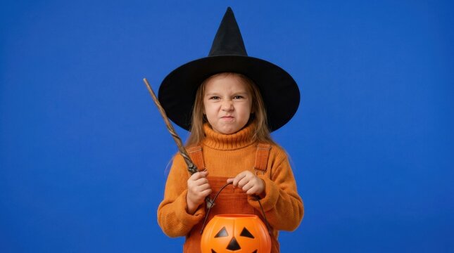 Angry little girl in witch costume holding magic wand and pumpkin bucket for halloween celebration