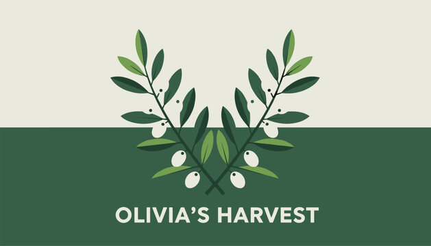 Elegant logo design featuring two symmetrical olive branches and text olivias harvest on green and cream background.