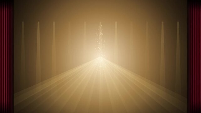 Abstract Stage with Red Curtains Opening and Golden Spotlight Particles