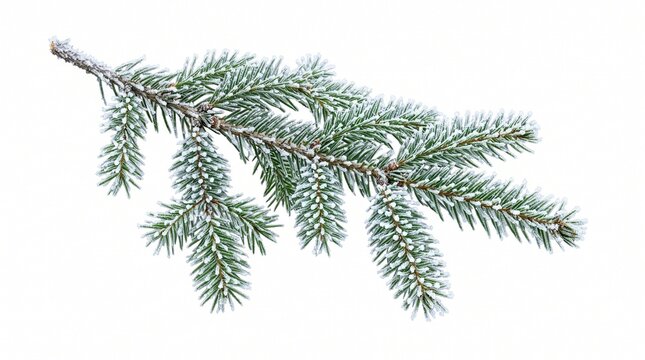 Snowy pine tree branch on white background