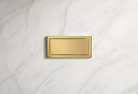 Blank gold nameplate mounted on a white marble surface with copy space for branding