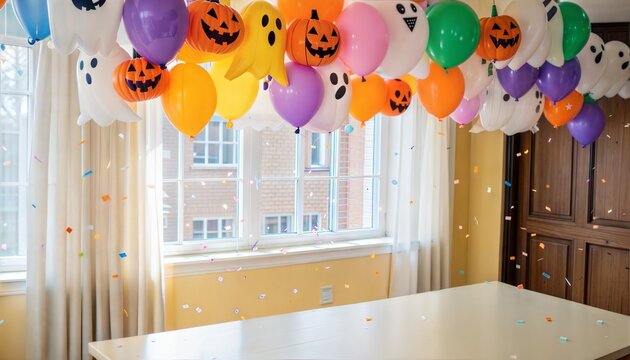 Halloween background for kids party with colorful balloons shaped as ghosts and pumpkins, confetti, bright room, empty table for product