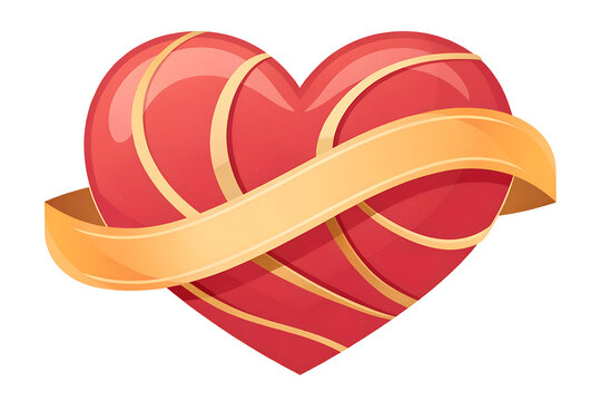 Red heart icon with a decorative golden ribbon wrapped around it on a white background