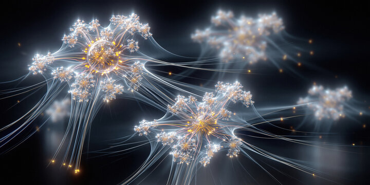 Massive neural network clusters glowing golden fireworks data burst
