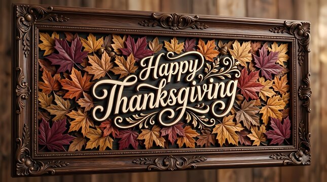 Happy Thanksgiving Wall Sign. Ornate Wooden Frame with Autumn Leaves and Floral Decoration. Festive Holiday Greeting. Vintage Rustic Style