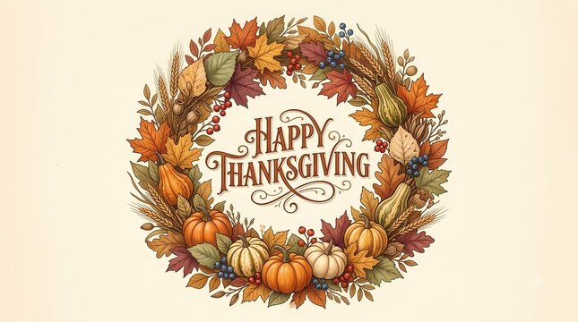 Happy Thanksgiving Floral Wreath. Autumn Leaves Pumpkins and Harvest Flowers. Festive Holiday Greeting. Elegant Rustic Illustration