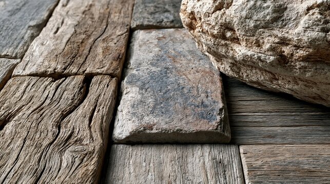 Weathered wood planks and rock background rustic old texture