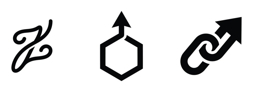 Set of three black on a white background, consisting of a, cursive letter z, a hexagon shape, with an upward, pointing arrow, and, a chain link, symbol combined with, a large upward arrow